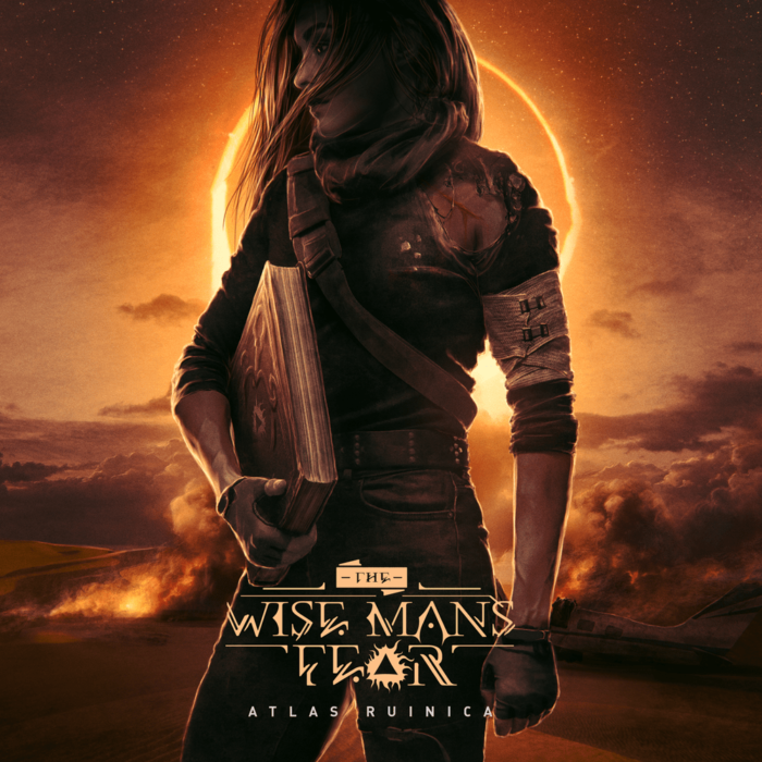 'Atlas Ruinica' album artwork; woman holding a book stood in front of a crashed plane