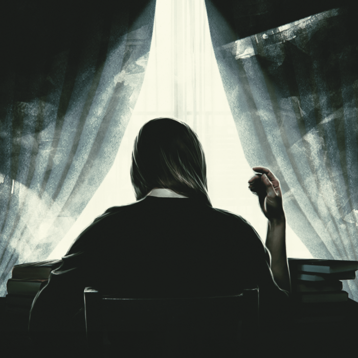 Sad woman sat in front of curtains