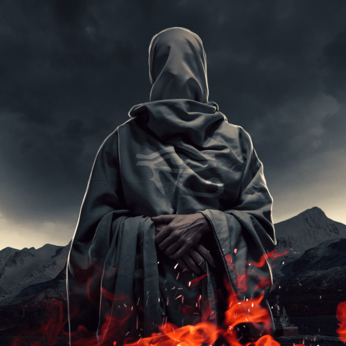Cloaked figure in front of a fire; eye of horus