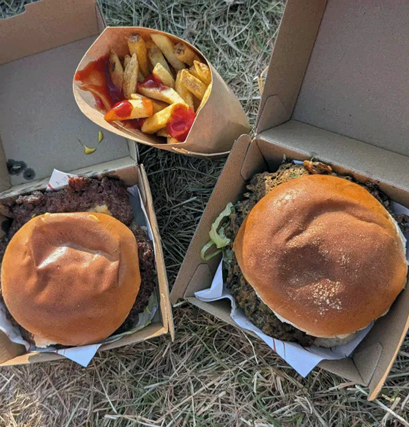 Shredded mushroom burger and beef royale with fries from Smoking Buns at 2000trees